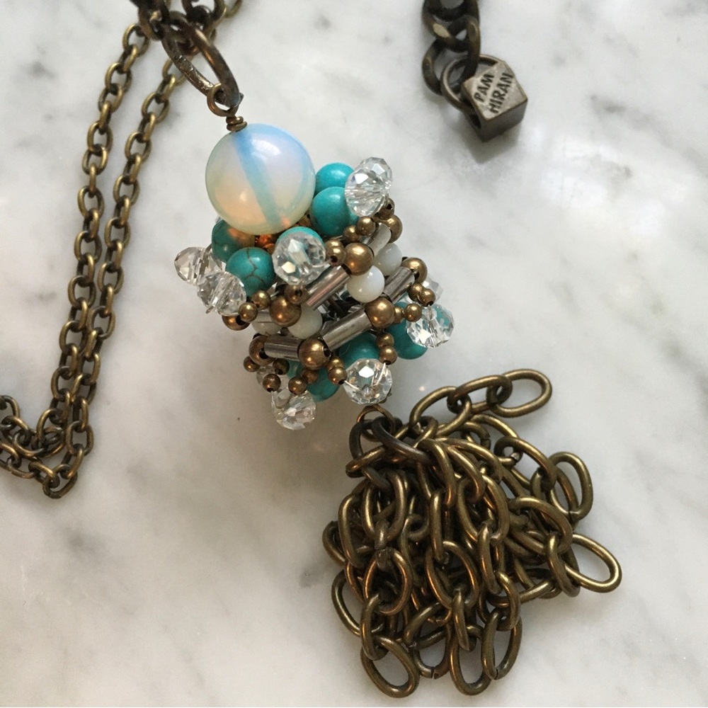 ANTHROPOLOGIE Brass Link Crystal Tassel Necklace